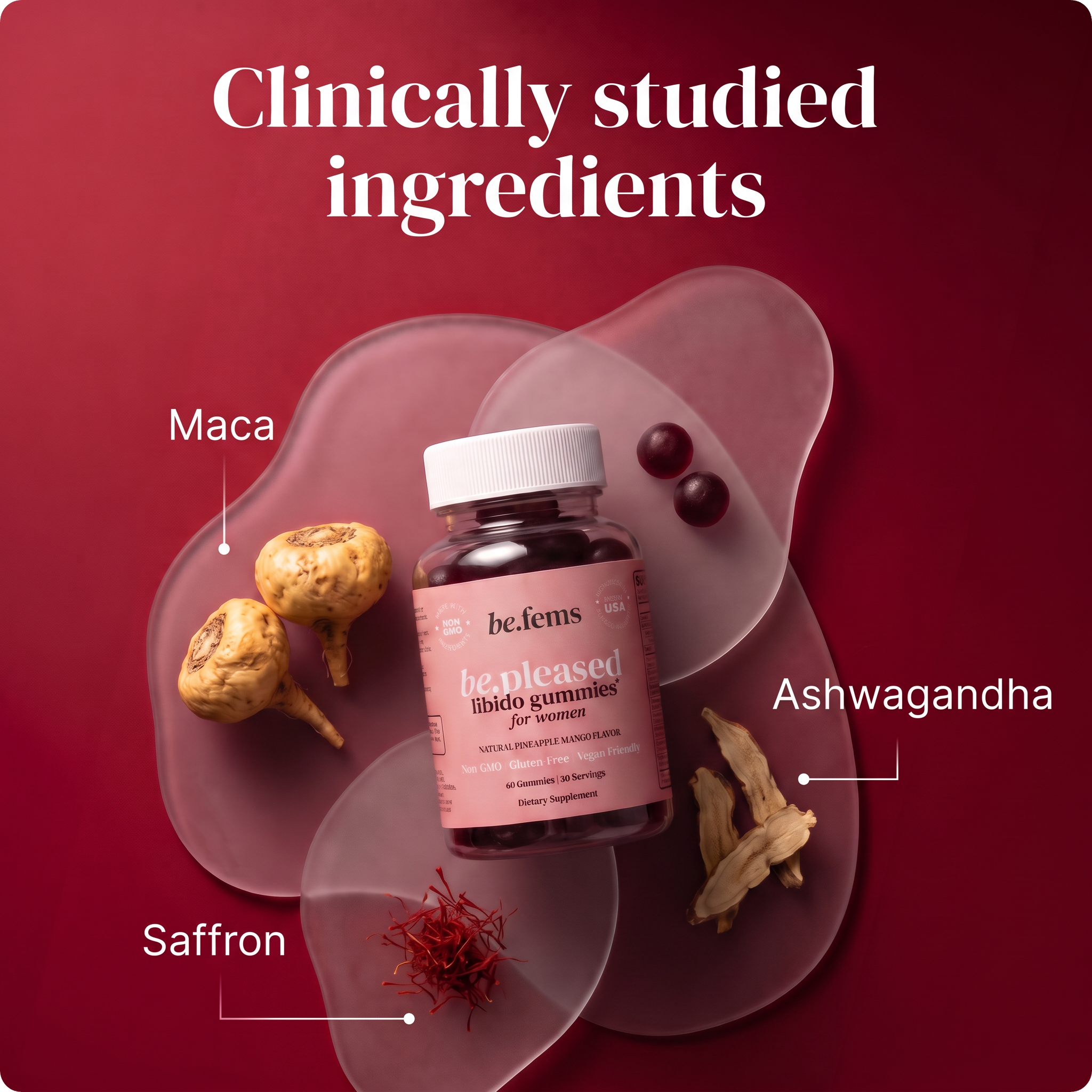 Klinisch untersuchte Inhaltsstoffe von be.pleased: Maca, Ashwagandha, Safran